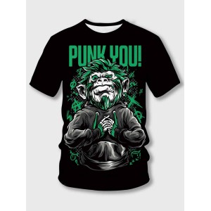 Men Casual O Neck Animal Letter Print Black T-shirt